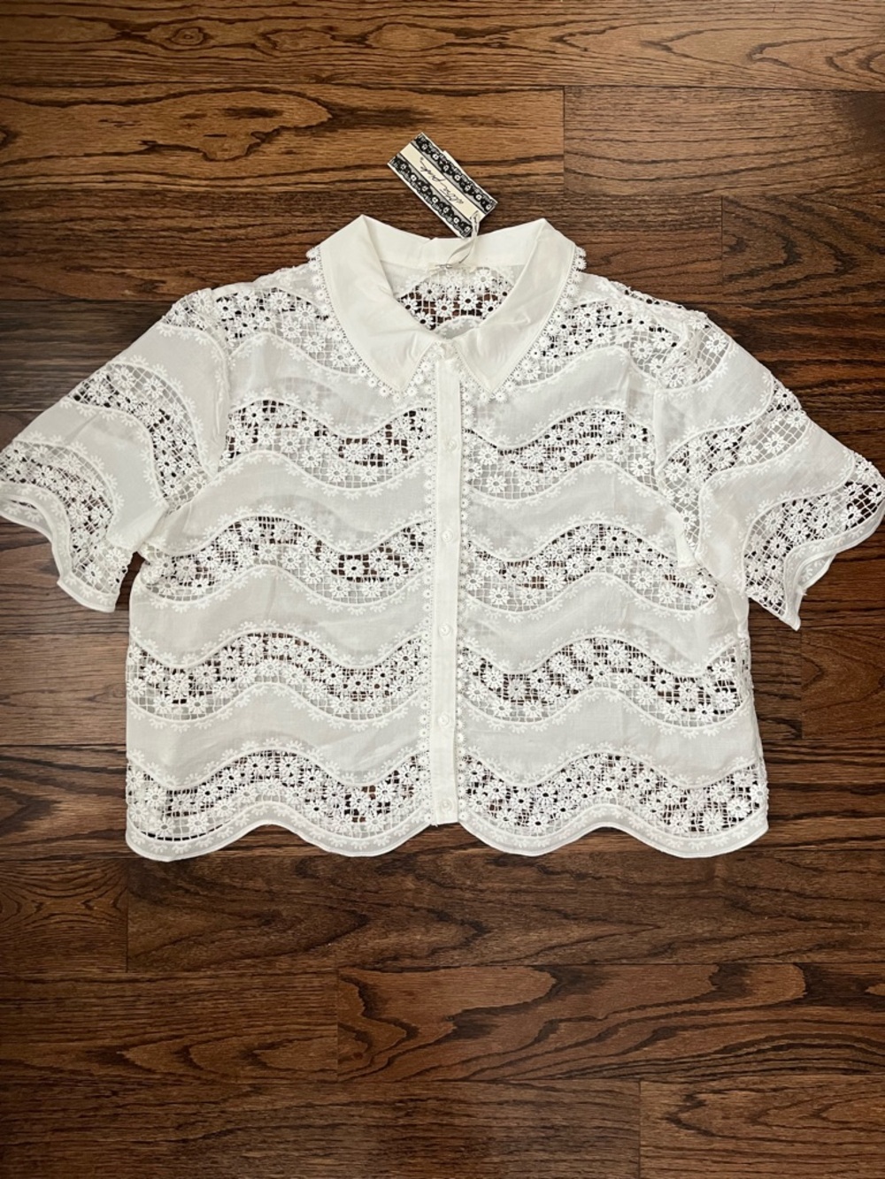 NWT White Lace Crochet Peter Pan Collar Blouse – Short Sleeve, Scalloped Hem
